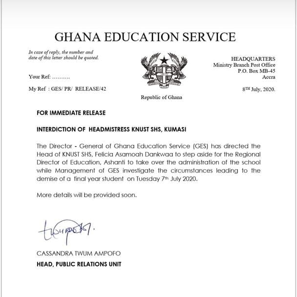 Interdiction of Headmistress KNUST SHS, Kumasi